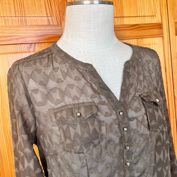 Ariat Small Long Sleeve Army Green Western Sheer Blouse Aztec Southwestern - Picture 4 of 7